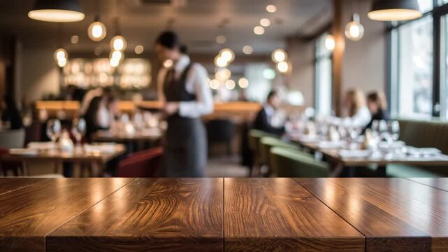 Blurred interior of a restaurant with a wooden table in the foreground and people dining