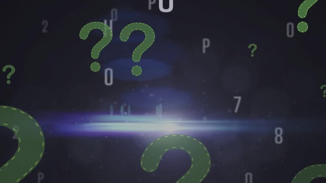 Frame showing green question mark, question marks drifting through glyphs, lens flare showing query