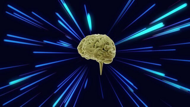Starburst launching, gold brain rotating while cyan-blue streaks surging, visualizing neural flow