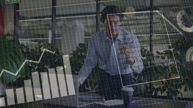 Analyst receiving call, leaning over laptop and typing while charts shifting into tech wireframes