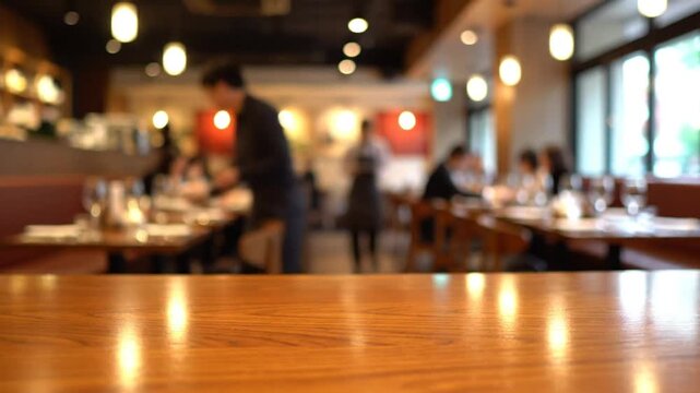 Blurred Background of a Restaurant Dining Area with Warm Lighting and Wooden Table Reflective Surface