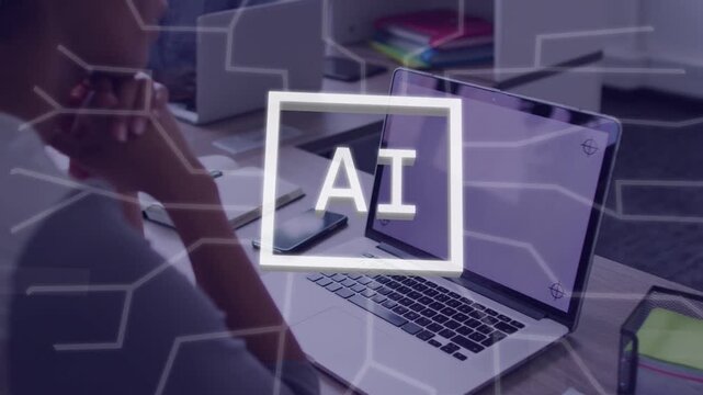 Woman sitting desk viewing laptop as AI frame forming, network overlay covering phone for IT demo