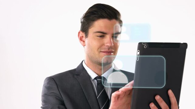 Business exec tapping tablet, causing blue UI panels with avatar icons stacking, sorting contacts