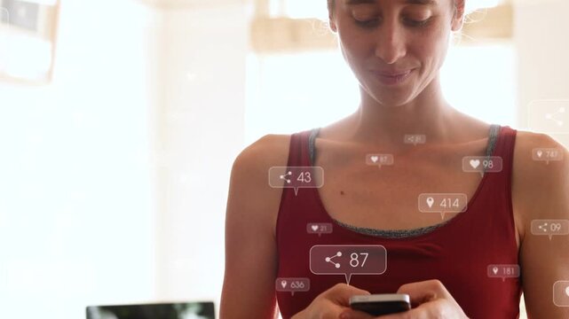 Woman standing panning camera to phone typing hearts grouping near chest counts updating social
