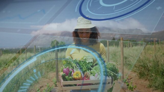 Woman adjusting grip after HUD appearing, walking farm rows while HUD rotating and showing produce