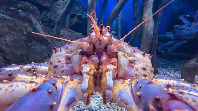 King crab sits motionless on sandy bottom with wooden roots behind