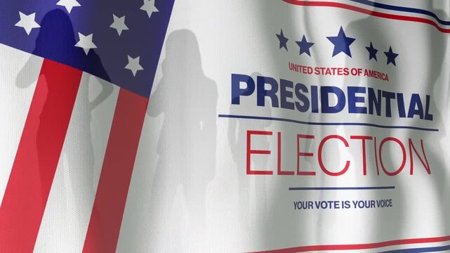 Backlight behind election banner creating two shadows drifting right suggesting voter movement