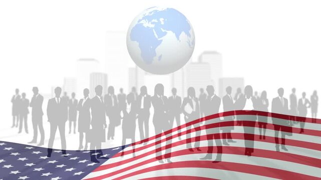 Loop starting, US flag waving, globe drifting rotating slightly, crowd reinforcing patriotic brand