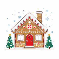 Obraz premium Gingerbread House with Christmas Trees and Snowflakes