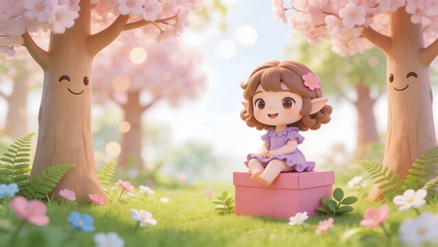 Animated fairy on pink box in garden