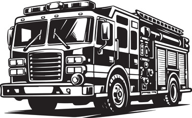 Fire truck, emergency vehicle, black and white vector illustration