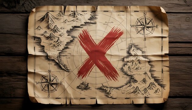 features an old, weathered treasure map laid out on a rustic wooden surface. The map is rectangular with frayed edges, suggesting age and use. It is illustrated with intricate, hand-drawn details of a