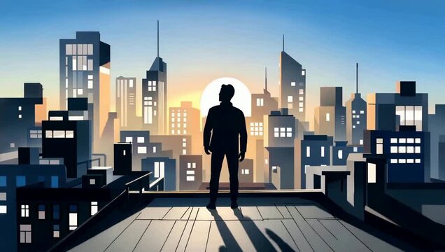 Silhouette of a man standing on a rooftop overlooking a city at sunrise