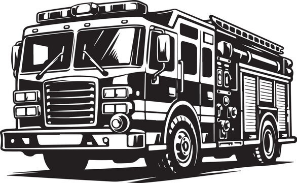 Fire truck, emergency vehicle, black and white vector illustration