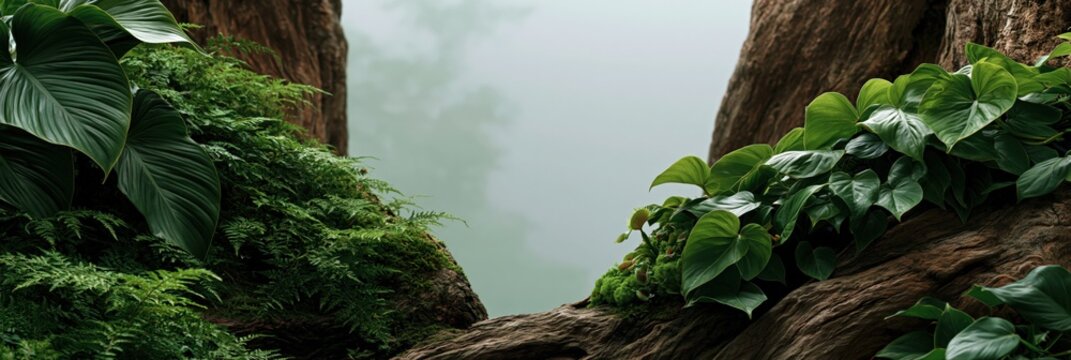 Closeup mossy tree trunk opening with vines and misty forest view for nature background and woodland wallpaper design