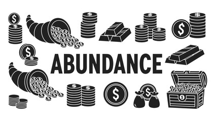 Obraz premium Abundance and Wealth Symbols Vector Illustration Set with Money Icons and Gold Bars for Business and Finance Design