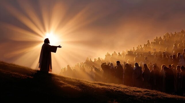 Figure addressing crowd with radiant light on hillside