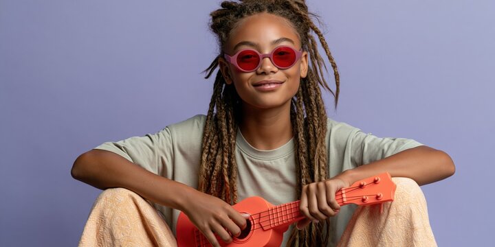 Young woman with red ukulele and red sunglasses seated against purple background for music portrait and social media banner design