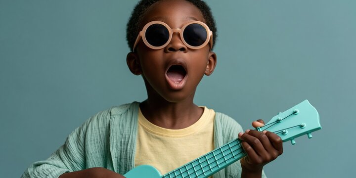 Excited child portrait with turquoise ukulele and round sunglasses for music poster background and youth banner design