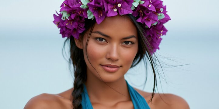 Portrait of woman with purple flower crown in blue halter top by the sea for beauty banner and summer background