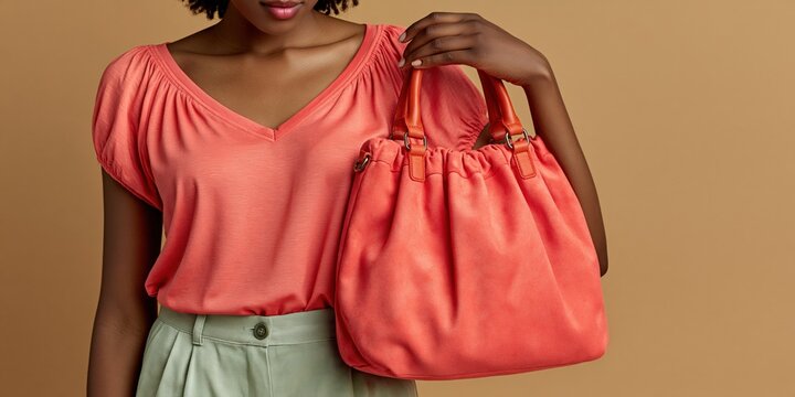 Woman holding a coral handbag and wearing a matching coral blouse for fashion catalog banner and accessory product display