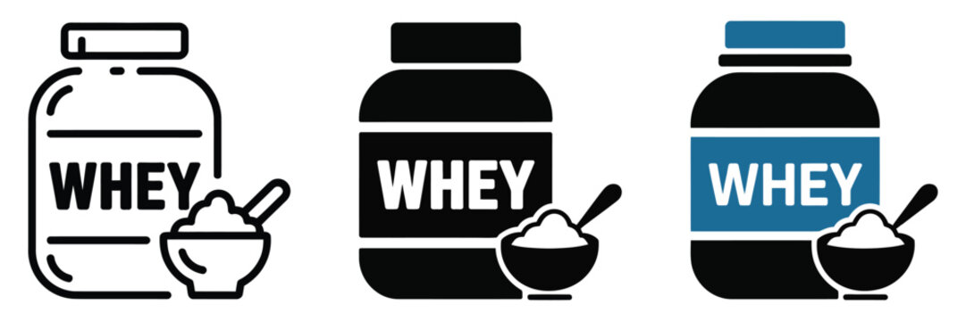 Whey Protein Jar Icon Set, Flat Design Sports Nutrition Supplement Jar Symbols for Protein Powder Branding, Fitness Industry Packaging, Health Product Labels, Workout Supplement Stores, and Modern 