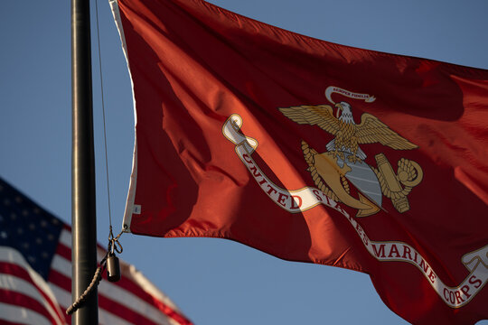 Marine flag waves beside blue sky. American marine banner reflects patriotic heritage. Marine service supports national defense authority. Marine tradition represents military honor proudly.