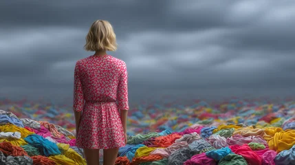 Fast Fashion Landfill Documentary Photography with Young Woman Standing Among Waste   © piai