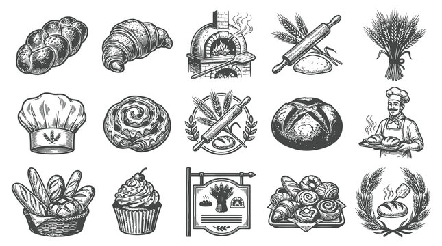 Black and White Line Art Icons of Fresh Bakery Goods and Baker