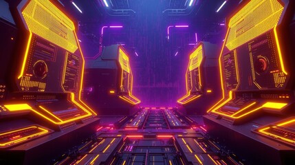 Fototapeta premium Futuristic corridor glows with neon lights. Symmetry dominates design, creating immersive digital space. Dark background enhances vibrant colors.
