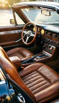 Vintage Luxury Car Interior with Classic Leather Seats and Wooden Dashboard