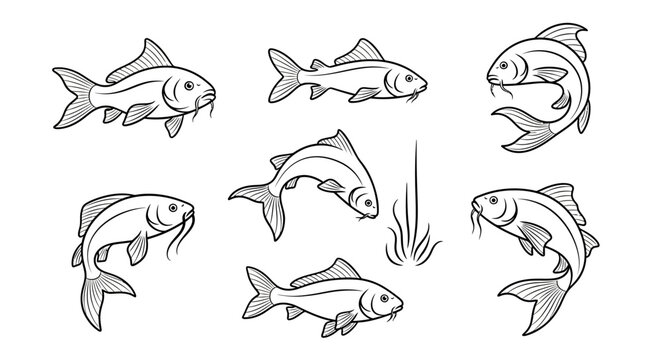 Hand-drawn carp fish collection in line art style