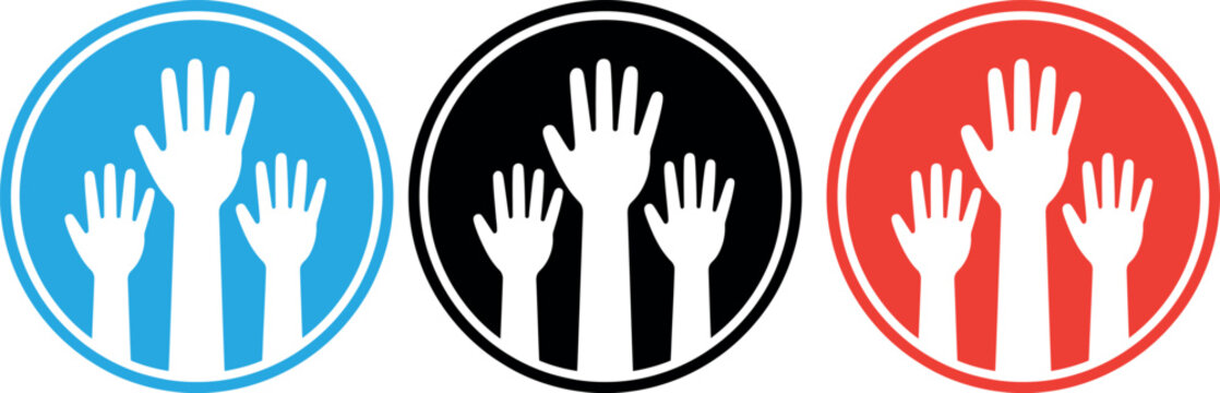 Three raised hands icon in blue, black and red circular badges