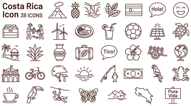 Costa Rica outline icons representing national symbols and culture.