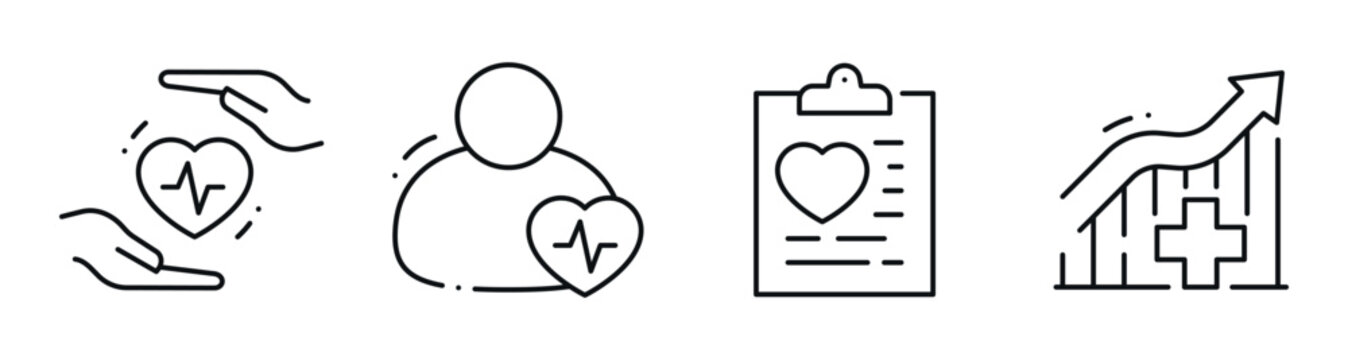 Healthcare icons representing heart care patient records and growth. Editable stroke