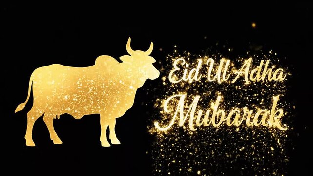 Golden Eid Ul Adha Mubarak greeting text with bull silhouettes and glitter effect on black background