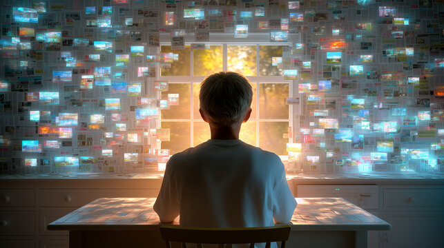 Misinformation Overload - Person Seated at Kitchen Table Surrounded by Overlapping Newspapers, Glowing Screens, and Fragmented Headlines

