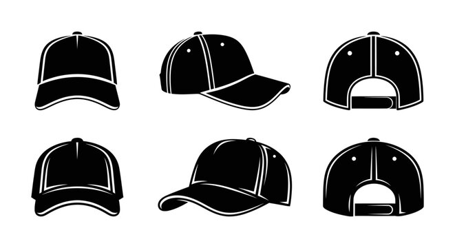 Collection of black baseball caps presented from multiple angles for design projects