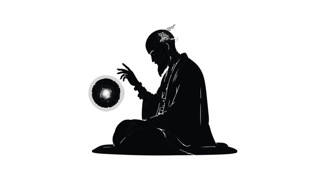 Mysterious figure in silhouette meditating with glowing orb, evoking wisdom and enchantment