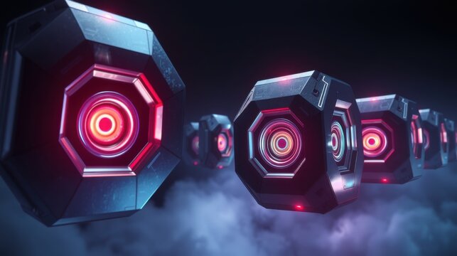 Futuristic drones float above clouds. Glowing red lights emanate from central openings. Metallic surfaces reflect cool blue tones. Dramatic lighting creates intense visual impact.