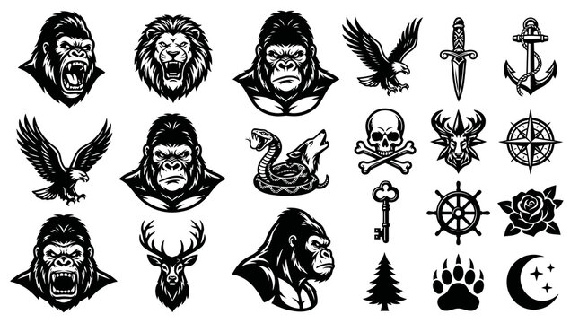 Bold Black  White Vector Animal, Nature  Symbolic Icons Set for Tattoos, Logos  Design Projects
