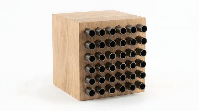 Large wooden square block with multiple rows of steel tube sockets.