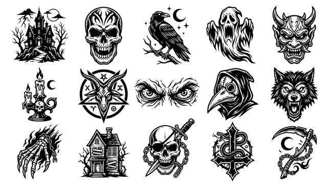 Black and White Gothic Vector Icons: Spooky Halloween Haunts, Skulls, and Demons