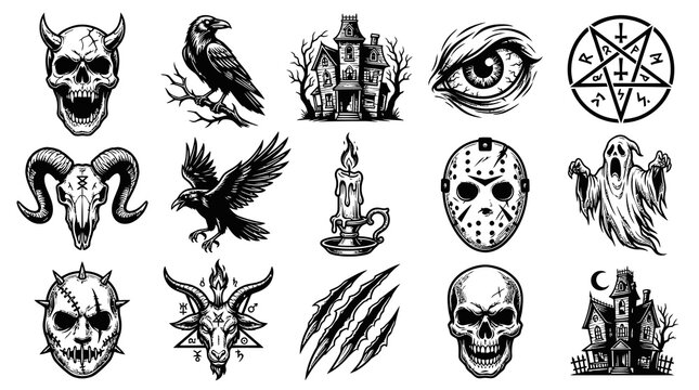 Horror Gothic Halloween Elements Vector Illustration Set - Detailed Black and White Line Art Icons