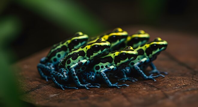 Group of Brightly Colored Poison Dart Frogs on Brown Log in Natural Habitat