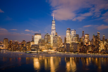 Naklejka premium New York skyline night cityscape. New York city night view. New York downtown night panorama. New York Manhattan night skyline.