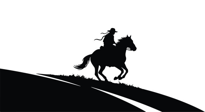 Silhouette of a lone rider on horseback galloping across a hill at sunset, symbolizing freedom and adventure.