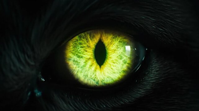 Dramatic Close-up of a Mysterious Animal with a Glowing Green Eye in the Darkness