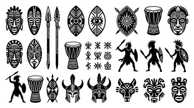 African Tribal Culture Glyph Icons Set: Masks, Warriors, Drums, Shields, Spears and Ethnic Symbols Black White Vector