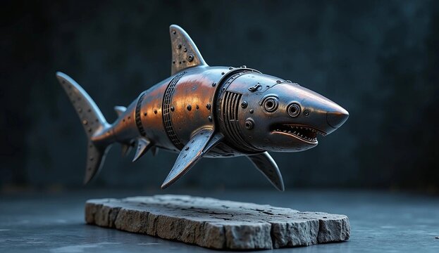 Mechanical Steampunk Shark Sculpture Made of Rusted Metal and Rivets